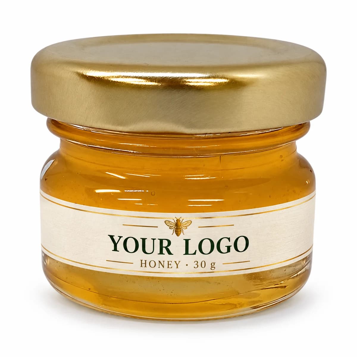30 g honey jar with gold lid and illustrative YOUR LOGO label
