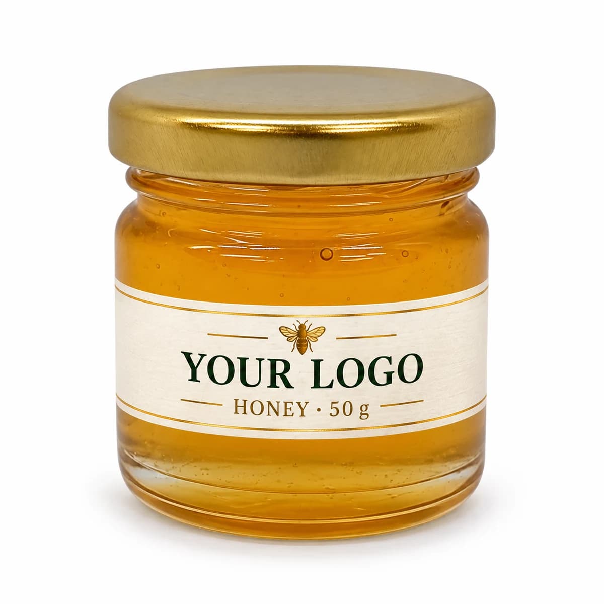 50 g honey jar with gold lid and illustrative YOUR LOGO label