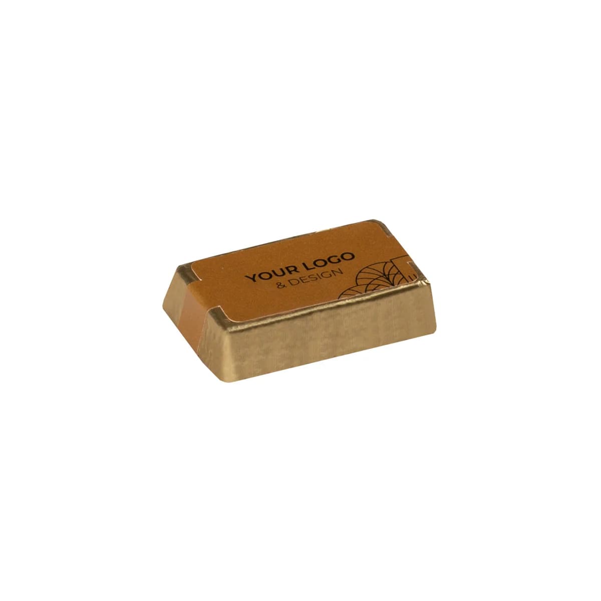 Gold bar-shaped chocolate praline in gold foil with a logo sticker